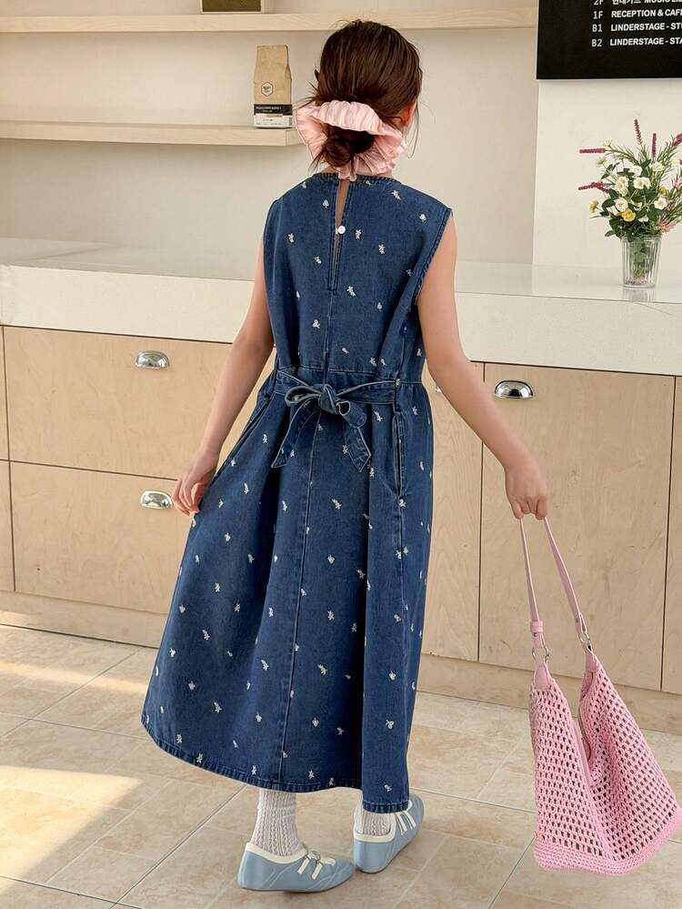 Girls' Round Neck Sleeveless Denim Dress