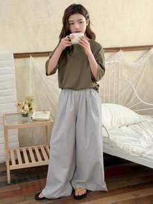 DAZY Tween Girl Solid Color Round Neck Drop Shoulder T-Shirt And Striped Pants Pajama Set - Army Green - View 3