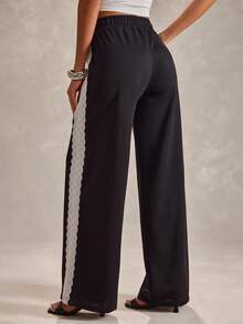 EURMUSE Women Solid Color Side Contrast Detailed Wide Leg Sweatpants - Black - View 2