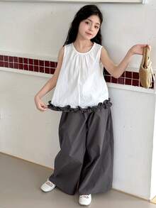 DAZY 2pcs Tween Girls Crew Neck Sleeveless Shirt And Wide Leg Pants Set, Fall Outfit - White - View 3