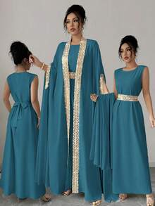 SHEIN Raffinéa Women's Elegant 2 Pieces Set: Ribbon Trim Batwing Sleeve Robe And Sleeveless Dress - Blue - View 8