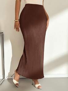 Auralis Plus Size Ladies Chocolate Brown Autumn Elegant Everyday Casual Slim Pleated Khaki Elastic Waist Long Skirt,Women Bottom,Vacation,Rave,Brunch,Airport - Brown - View 7