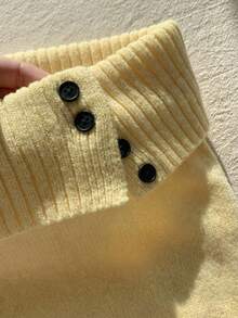 Comfortcana 女士纯色针织罗纹休闲百搭毛衣裙，韩版秋冬款 - 鵝黃色 - 查看 5