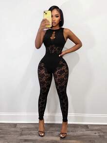 BamGleam Women's Hollow Out Design Round Neck Sleeveless Tight Fitting Sexy Mesh Jumpsuit - Black - View 3