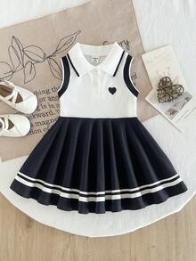 SHEIN Gaun Bayi Perempuan Musim Panas Kasual Tanpa Lengan Gaya Preppy dengan Blok Warna - Biru - View 8
