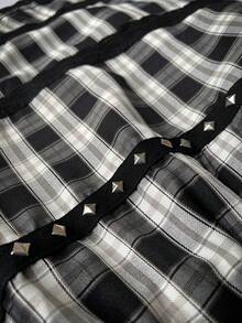 Whyspr Plus Size Black & White Plaid Ruffle Patchwork Studded A-Line Mini Skirt - Multicolor - View 7