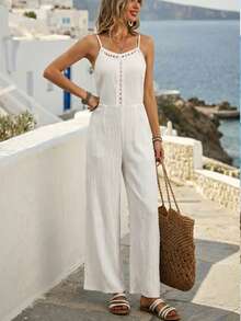 Breezaya Women's Summer Refreshing Vacation White Pleated Hollow Lace Trim Waist Jumpsuit, Suitable For Beach Vacation, Beach Stroll, And Daily Wear - White - View 5