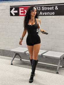 StreetHx Women's Sexy Minimalist Black Keyhole Backless Bodycon Jumpsuit For Party Bodysuit Romper One Piece Bodysuit Black Romper Sexy Clothes Black Bathing Suit Women - Black - View 7