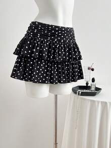 Elamini 女士迷你裙，褶皱裙摆，波点针织面料 - 黑色 - 查看 1