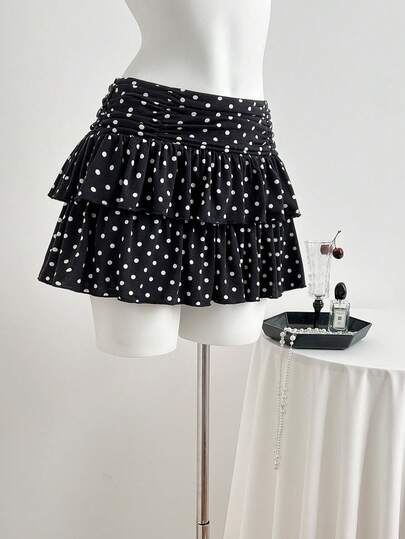 Elamini Women's Mini Skirt, Ruched Hem, Polka Dot Knit Fabric