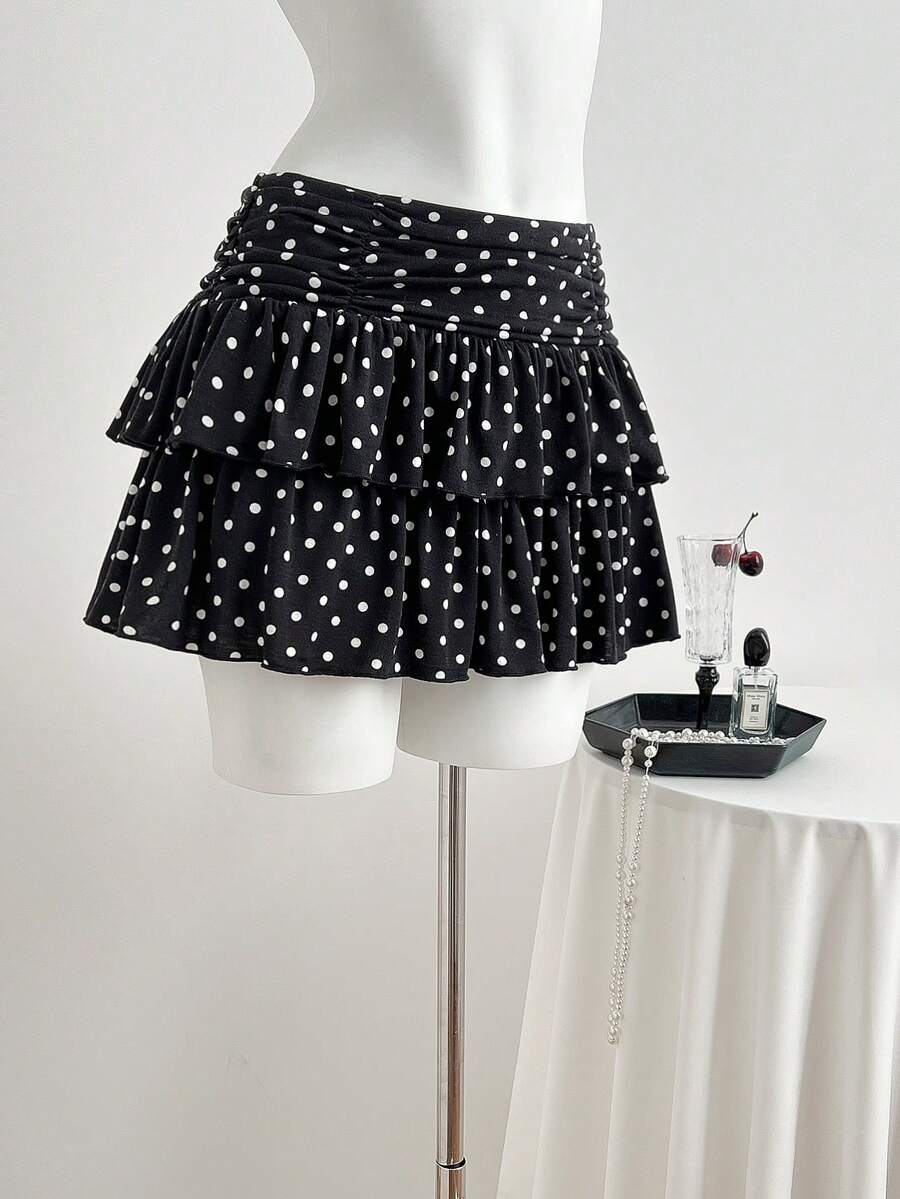 Elamini 女士迷你裙，褶皱裙摆，波点针织面料 - 黑色 - 查看 1