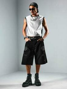 ROMWE MEN Street Life Men's Casual Everyday Embroidered Detail Loose Denim Shorts - Black - View 3