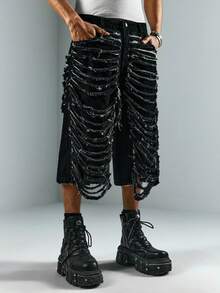 ROMWE MEN Street Life Men's Distressed Black Washed Denim Shorts - Black - View 4