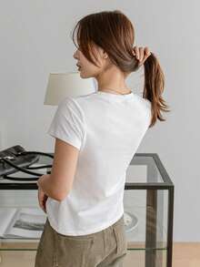 Dazy-Less Solid Color V-Neck Short Sleeve Casual T-Shirt Old Money Style Summer Business Casual Woman Work Clothes - White - View 6
