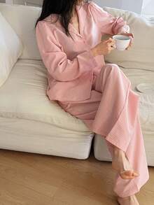 DAZY 2pcs Women Striped Textured Fabric Embroidered Ruffle Trim Puff Sleeve Pajama Set - Pink - View 3