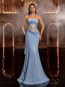 Glamrae Elegant Luxury Baby Blue Strapless Evening Gown,Beaded Embroidered Satin Bodice With Structured Pleats,Cinched Waist,Flared Skirt With Slit Gala Dress - Blue - View 3