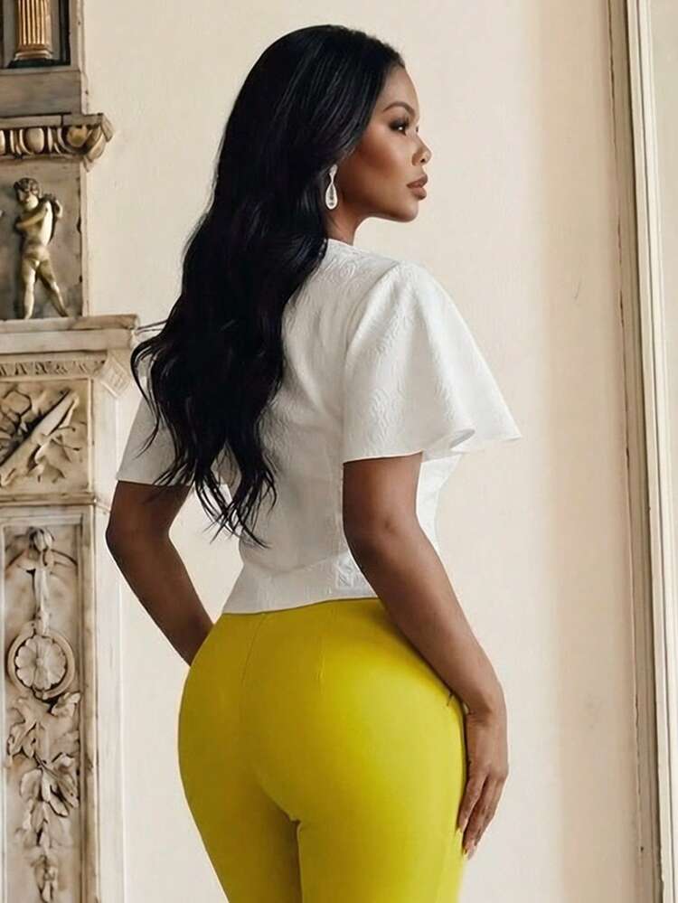 Women's Minimalist Commuter Jacquard Ruffle Sleeve V-Neck Tight Top, Summer Flutter Sleeve Top