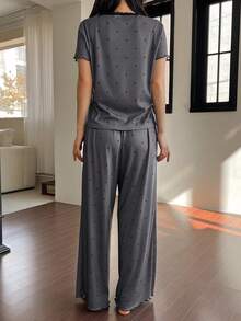 DAZY 女士波点印花撞色蕾丝荷叶边短袖上衣长裤睡衣套装，春夏秋季 - 灰色 - 查看 2