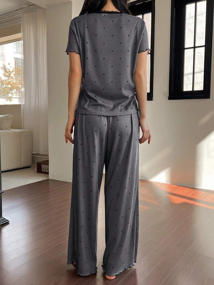 Women's Polka Dot Print Contrast Lace Lettuce Trim Short Sleeve Top And Long Pants Pajama Set, Spring/Summer/Autumn