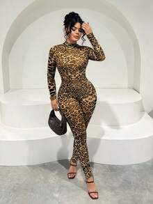 SHEIN SXY 性感豹纹网纱连体裤，适合派对穿着 - 杏色 - 查看 6