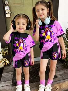 女童卡通字母印花圆领短袖T恤和短裤休闲夏季套装，适合日常穿着、户外野餐、街头风、居家、上学等场合。 - 彩色 - 查看 3