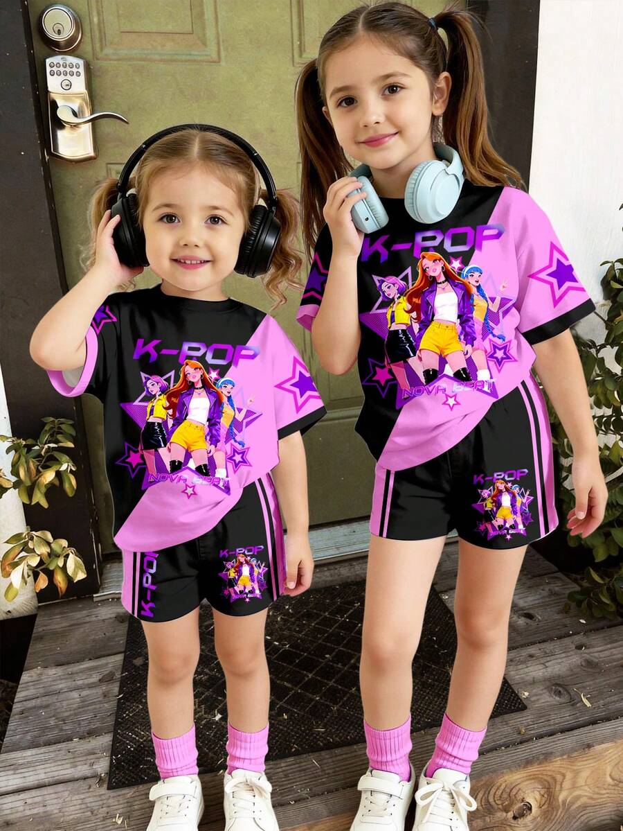 Young Girl Cartoon Letter Print Round Neck Short Sleeve T-Shirt And Shorts Casual Summer Set, Suitable For Daily Wear, Outdoor Picnic, , Street Style, Home, School - Multicolor - View 1