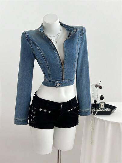 Elamini Dam Y2K Mode Casual Vintage Zip-Up Beskuren Jeansjacka, Vår/Höst