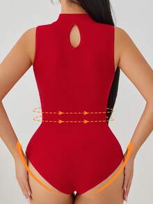 SuitURBody 女士无缝高领紧身塑形连体衣，高弹力，成熟魅力，优雅柔软，无束缚感，后颈镂空设计，可作外衣穿着 - 紅色 - 查看 2