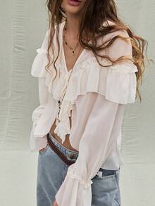 SoleilVie 女士雪纺荷叶边下摆衬衫，节日衬衫，白色衬衫 - 米色 - 查看 6