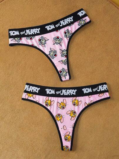 TOM & JERRY X SHEIN 2pcs Women Funny Cartoon All-Over Print Contrast Letter Tape Waist Thong Panties