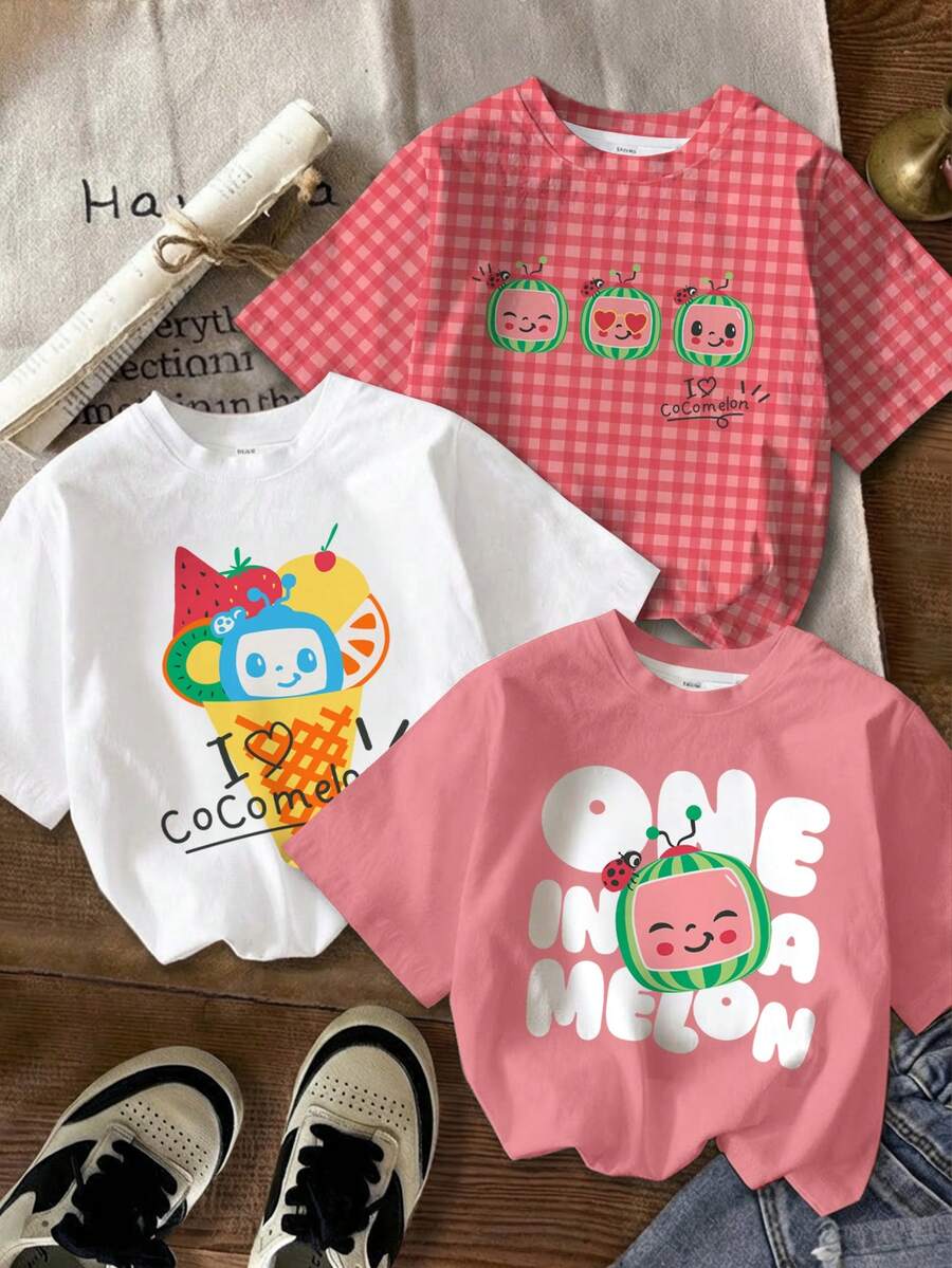 CoComelon X SHEIN Young Girl 3pcs Cartoon Print Casual Round Neck Short Sleeve T-Shirt - Multicolor - View 1
