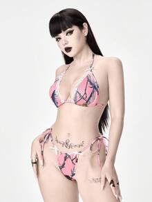 ROMWE J-Fashion 女士全罩杯蕾丝边系带三角杯文胸和丁字裤内衣套装 - 粉色 - 查看 4