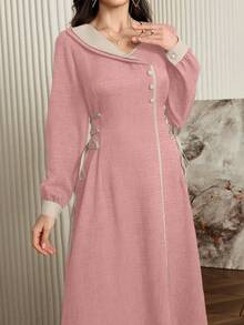 Modelyn Vestido elegante con cordón ajustable en la cintura y tirantes delgados con ribete de color contrastante - Rosa - Ver 3