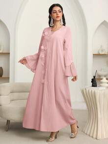 SHEIN Najma Đầm xòe dài tay dáng rộng, cổ chữ V, họa tiết hoa 3D, thanh lịch dành cho nữ. - Hồng - Xem 8