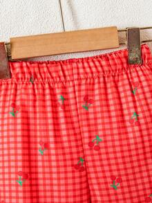 SHEIN Playful Pals 2件套女婴幼儿/新生儿0-3岁春夏可爱图案罗纹针织樱桃刺绣短袖T恤和格子裤套装 - 紅色 - 查看 7