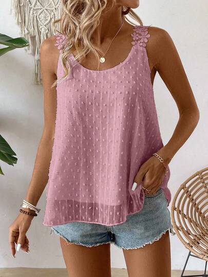 EMERY ROSE Women's Summer Casual Swiss Polka Dot Patchwork Lace Strap Camisole