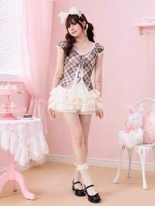 ROMWE Kawaii 可爱甜美格子网纱撞色蕾丝女式上衣 - 彩色 - 查看 6