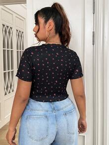 SHEIN EZwear 大码女式黑色碎花短袖单排扣T恤 - 黑色 - 查看 2