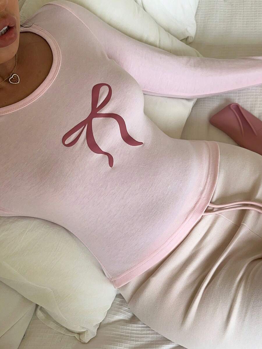 CovetEZ Women's Spring 2026 New Fashionable And Versatile Sweet Casual Pink Bow 3D Print Slim Fit Casual Long Sleeve T-Shirt. (Keywords: Spring Outfit, Women's Valentine's Day, Valentine Outfits For Women, Valentine Outfits For Women, Casual Blouses For Women, Graphic Tee, Graphic Tees, Women's Pink Top) Light Pink Clothes - Pink - View 1