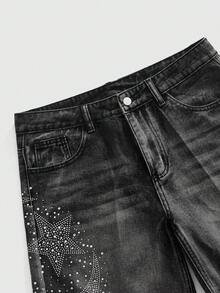 ROMWE MEN Street Life Men's Casual Washed Rhinestone Denim Shorts - Black - View 12