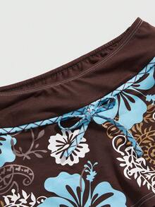 ROMWE Retro Plaid Sunflower Contrast Color Super Low Waist Mini Skirt, Suitable For Beach Vacation - Coffee Brown - View 3