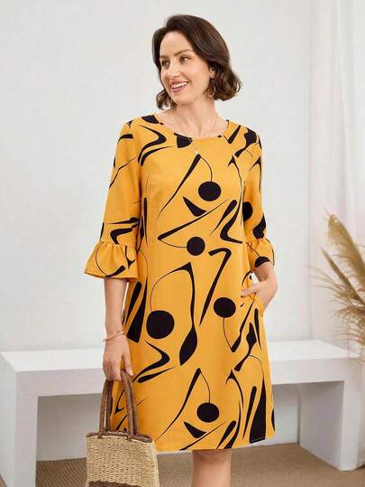 Miaspire Vestido casual de mujer con cuello redondo y mangas con volantes, vestido con bolsillo y abertura lateral con estampado geométrico