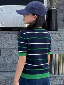 Dazy Kids 少女条纹圆领短袖休闲宽松针织上衣 - 彩色 - 查看 2