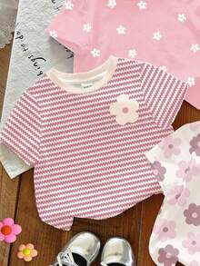 3件套可爱花卉系列奶油白、粉色条纹、粉色纯色圆领短袖基础款T恤，适合女宝宝日常穿着、居家、度假、节日，舒适透气，可叠穿，时尚百搭，休闲百搭，儿童花卉图案服装，秋季时尚，冬季新款，清凉舒适。 - 彩色 - 查看 5