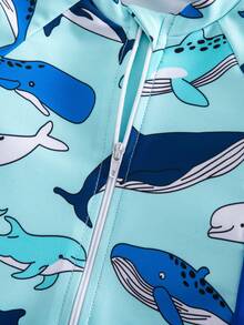 2pcs Baby Boy Swimsuit Set,Whale Cartoon Long-Sleeved Rash Guard With Hat,UPF Sun Protection,Cute Summer Holiday Beach Wear,Aqua Blue Kids Swimwear - Blue - View 3