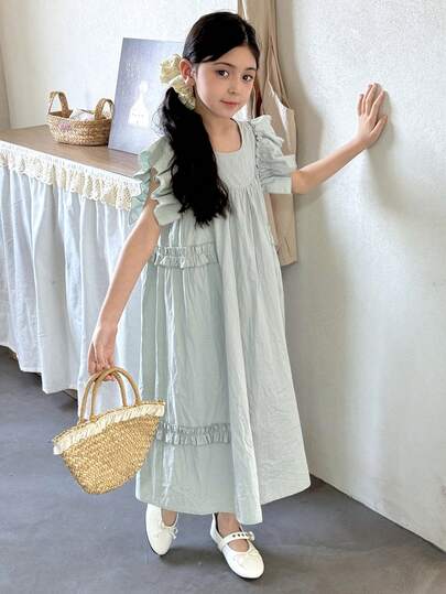 Dazy Kids Tween flickor casual semesterklänning i enfärgad volang med ärmhål, sommar