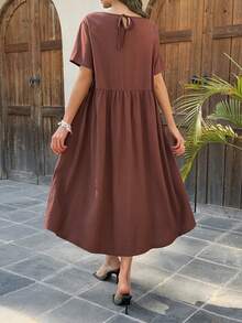 Livesso Lång klänning med rund hals och lös passform för kvinnor - Brun - Visa 2