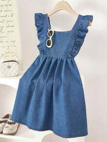 SHEIN Girls' Stylish Denim Suspender Dress, New Summer Design Princess Dress For Children - Blue - View 5