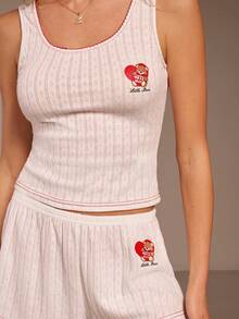 SHEIN Unity White And Red Cute Teddy Bear Print Textured Knit Tank Top,Summer Round Neck Contrast Color Ruffle Trim Sleep Top,British Style Retro College Fashion - White - View 5