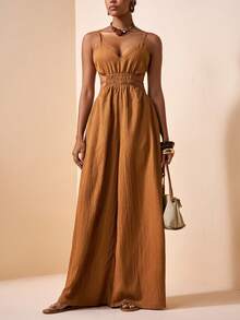 Zivah Bộ jumpsuit lấy cảm hứng từ phong cách miền Tây, Boho, Nashville, cổ chữ V, dây mảnh, eo cao khoét hở, lưng hở gợi cảm, túi dọc, họa tiết sọc dọc, có túi. - màu nâu - Xem 1